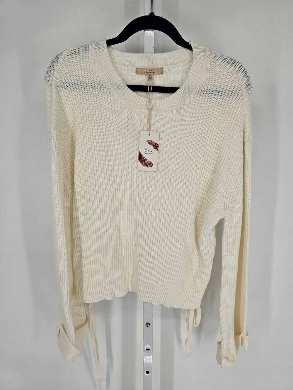 Chelsea & Violet Womens Sz XL Thick Knit Sweater Ivory Lace Sides NEW